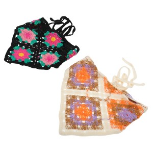 Unique Bargains Flowers Grid Knitted Triangle Bandana Black Beige 2 Pcs - 1 of 4