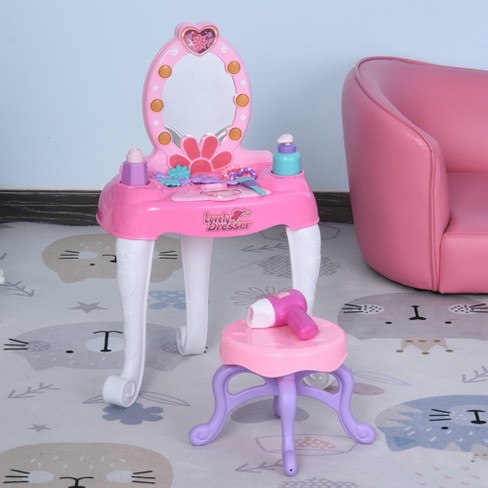 Pretend Play Kids Vanity Table and Chair Beauty Mirror and Accesories Play Set w 