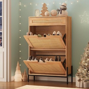 Jojoka 2-Drawer Flip Shoe Cabinet with Adjustable Shelves and Rattan Front for Entryway Storage Organizer - 1 of 4