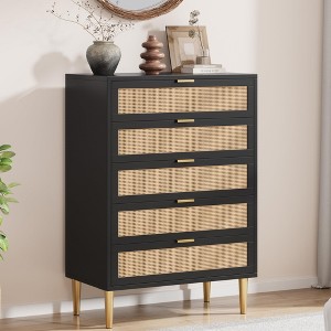 Rattan 5-Drawer Dresser – 44" Tall Narrow Farmhouse Wooden Chest with Metal Legs & Handles - 1 of 4
