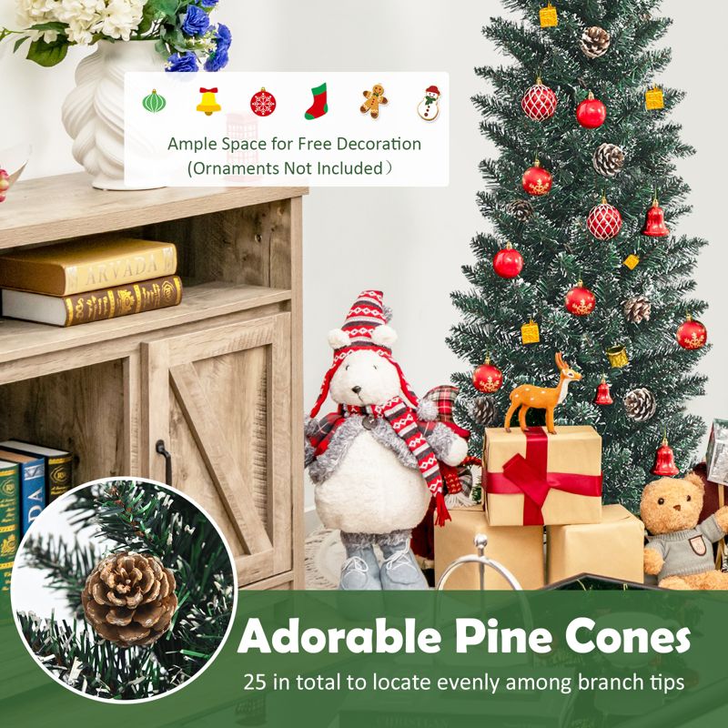 Tangkula 5/6/7FT Slim Pencil Tree Snowy Artificial Christmas Tree with 214/267/351 PVC Branch Tips & 25/31/41 Pine Cones Full Holiday Decoration Tree for Xmas, 4 of 11