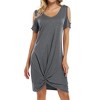 Women's Summer Cold Shoulder  Twist Knot Mini Tshirts Dresses - 3 of 4