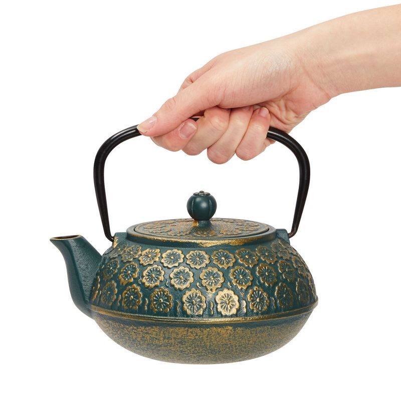 Juvale Green Cast Iron Floral Teapot Kettle with Stainless Steel Infuser Set, Japanese Tea Pot for Kitchen Pantry, 34 oz, 4 of 9