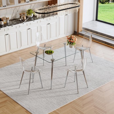 5/7 Piece Dining Table Set for 4/6, Glass Dining Set Kitchen Table Set with 4 Transparent Plastic Dining Chairs - ModernLuxe
