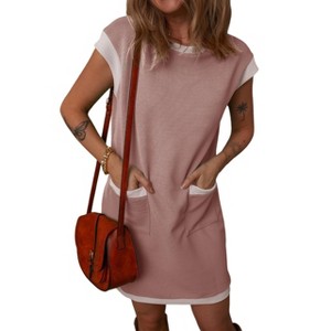 Women's Color Block Straight Fit Mini T-Shirt Dress with Pocket Flap Sleeve  Design pink,M : Target