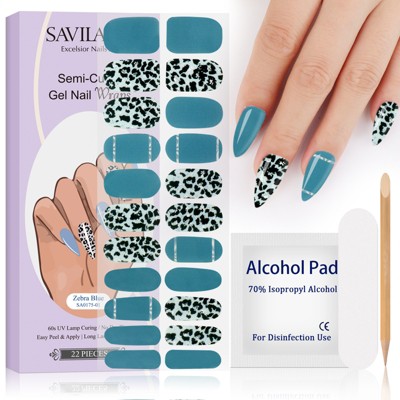 Saviland Women's 22pcs Semi Cured Gel Nail Strips Kit - Brighter Long Lasting Nail Design with Tools.(Zebra Blue Series)