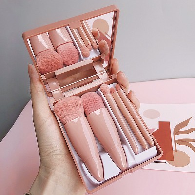 BABYYER 5-Piece Makeup Brush Set with Mirror & Travel Case Hypoallergenic Vegan Bristles for Sensitive Skin,for On-the-Go Touchups (Pink)