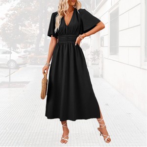 Womens Bell Sleeve Emprie Waist Dress Faux Wrap Wedding Guest Dress A Line Side Slit Maxi High Waist Flowy Smocked Dress - 1 of 4