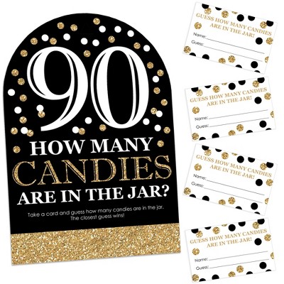 Big Dot of Happiness Adult 90th Birthday - Gold - How Many Candies Birthday Party Game - 1 Stand and 40 Cards - Candy Guessing Game