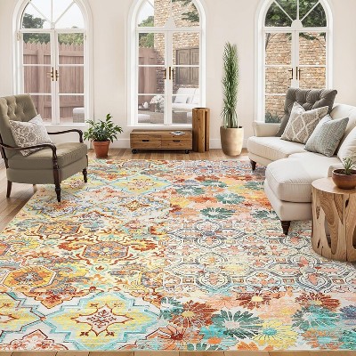 Washable Floral Medallion Print Area Rug, Non-Slip, Low Pile, Boho Vintage Accent Rug for Living Room, Bedroom, Office, Dining Room.
