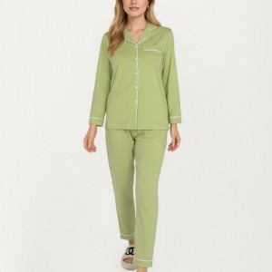 Anna-Kaci Lounge Women's 2-Piece Set Long Sleeve Button Front Top and Matching Relaxed Fit Pants Pajama Set with Contrast Piping - 1 of 4