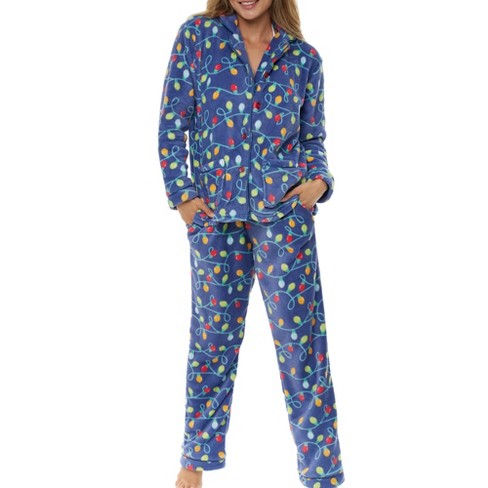 ADR Women's Plush Fleece Pajamas Set, Button Down Winter PJ Set Christmas  Lights Small