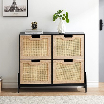 Rattan Shoe Storage Cabinet with 4 Flip Drawers, Freestanding Shoe Organizer with Adjustable Shelves for Entryway, Narrow Shoe Rack Cabinet