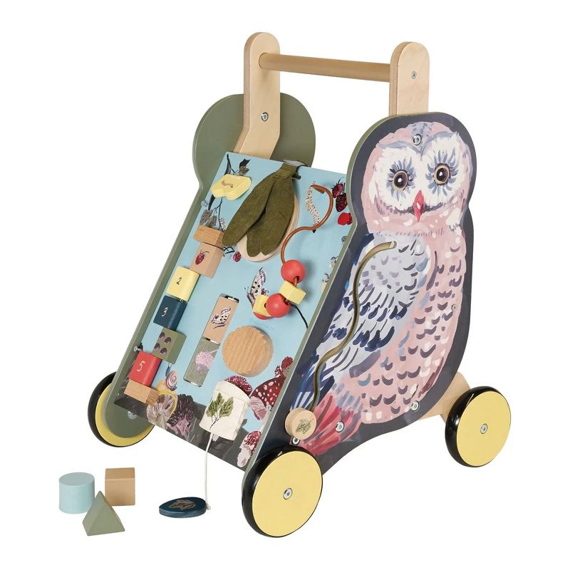 Manhattan Toy Wildwoods Owl Wooden Push Cart with Shape Sorter and Basket, Serrated Oval, Spinners, Bead Run and More, 3 of 10