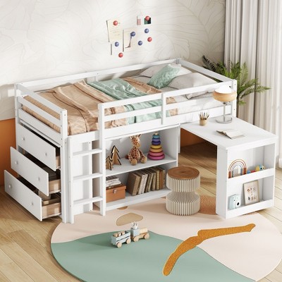 NicBex Twin Size Loft Bed with Storage,Wooden Loft Bed Featuring Pull-Out Desk,Bookshelf & Safety Rails,Multi-Functional Loft Bed for Kids,Teens