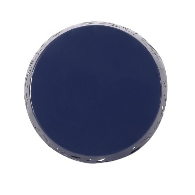 Navy Blue Powder-Coated Iron Outdoor Side Table with Tropical Palm Leaf Design