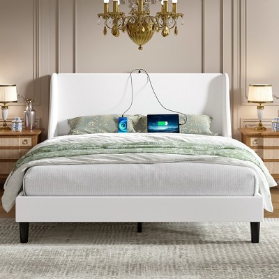 VECELO Upholstered Full/Queen Size Bed Frame with Headboard & Wingback, Platform Bed with USB & Type-C Ports