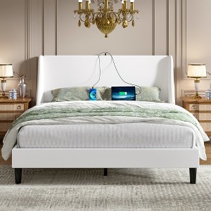 VECELO Upholstered Full/Queen Size Bed Frame with Headboard & Wingback, Platform Bed with USB & Type-C Ports - 1 of 4