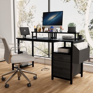 VYNXARIA 47.3" Black Computer Desk with Monitor Stands, Shelves, Drawers & Hooks - Versatile Office, Writing & Gaming Table - 1 of 4