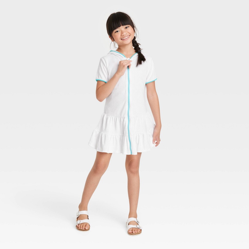 Girls' Hooded Terry Zip Swimsuit Cover Up Dress - Cat & Jack™ White S