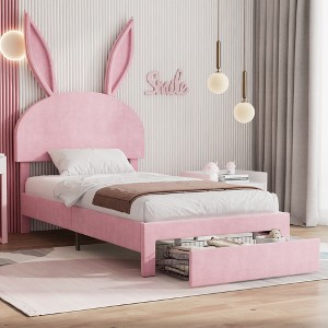 VECELO Twin Upholstered Bed Frame, Girls Bed with Rabbit Headboard Adjustable, Princess Platform Bed with Storage Drawer, Velvet Pink - 1 of 4