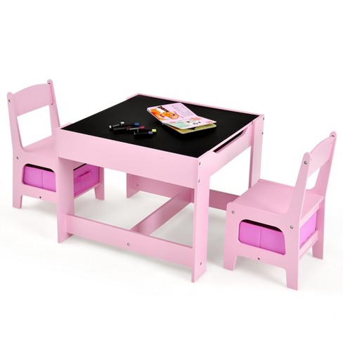 Costway 3-Piece Kids Wood Top Art Table and Chairs Set Drawing