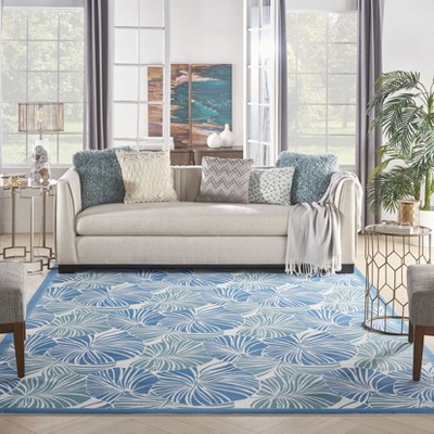 Blue Tropical Leaf Pattern Rectangular Outdoor Rug