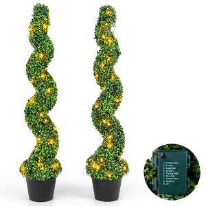 Tangkula 47" Pre-Lit Artificial Boxwood Spiral Topiary Tree Set of 2 w/ 100 LED Lights - 1 of 4