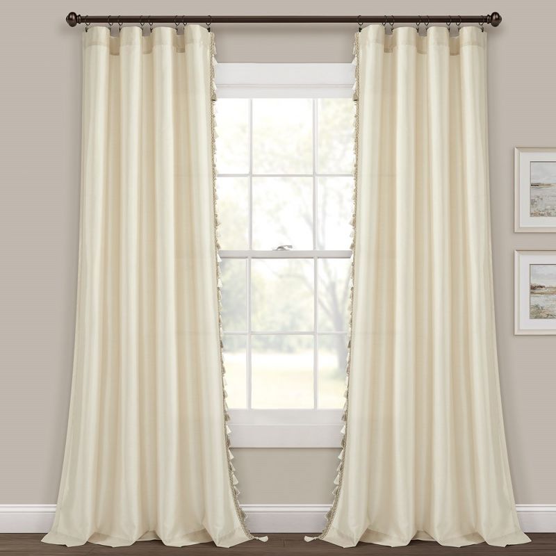 Luxury Regency Faux Silk Two Tone Tassel Window Curtain Panels Wheat 52x84 Set, 3 of 6