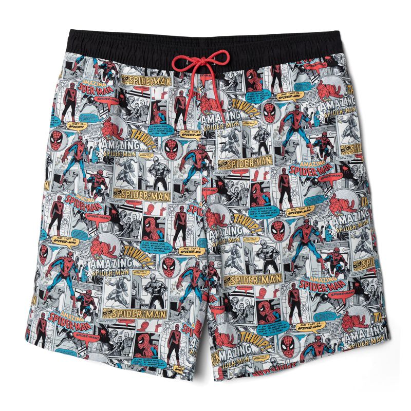 Marvel Spider-Man Mens Swim Trunks UPF 50+ Gray / Black Comic Strip Small