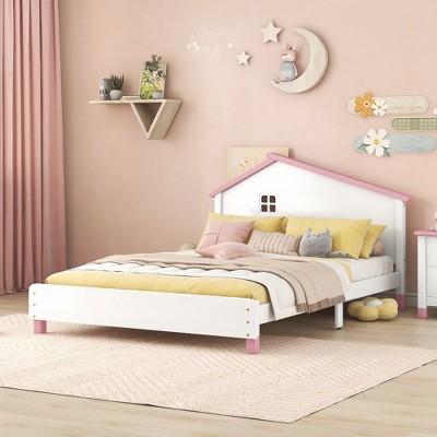 Full Size Wood Platform Bed With House-shaped Headboard, Pink ...