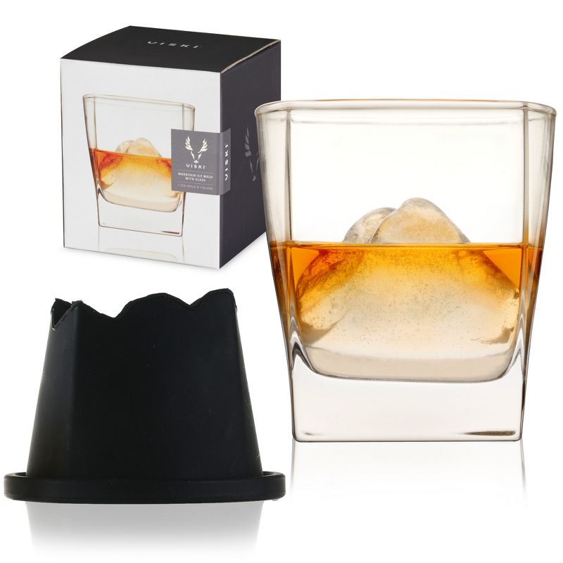 Viski Mountain Ice Mold with Whiskey Glass, Old Fashioned Ice Mold Craft Cocktail Ice Maker, Silicone Ice Mold with Crystal Glass Set of 2, 1 of 8