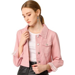 Allegra K Women's Solid Cropped Button-Down Plaid Cuffs Jean Jacket with Pockets - 1 of 4