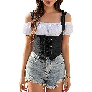 Acekool Women's Vintage Corset Top – Fitted Boat Neck Camisole, Irregular Waistcoat, Sleeveless Retro Suspender - 1 of 4