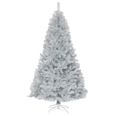 Tangkula 7.5Ft Hinged Artificial Silver Tinsel Christmas Tree with Metal Stand