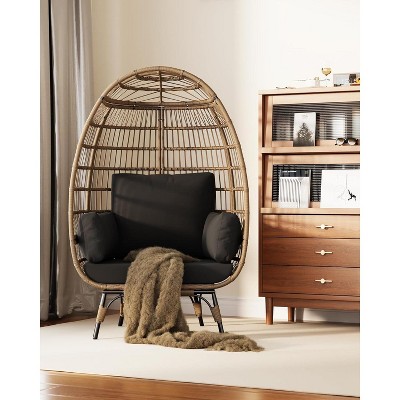 Swivel Egg Chair Outdoor with Cushions – Oversized Wicker Rattan Patio Egg Chair with Sturdy Steel Frame for Backyard, Balcony & Living Room, Beige