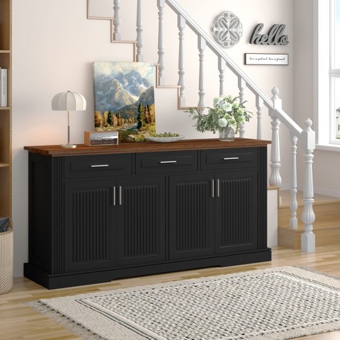 Panipeachy 63" Modern Fluted Sideboard Buffet Cabinet, 4 Doors and 3 Drawers, Black Kitchen and Dining Storage Cabinet for Living Room or Entryway