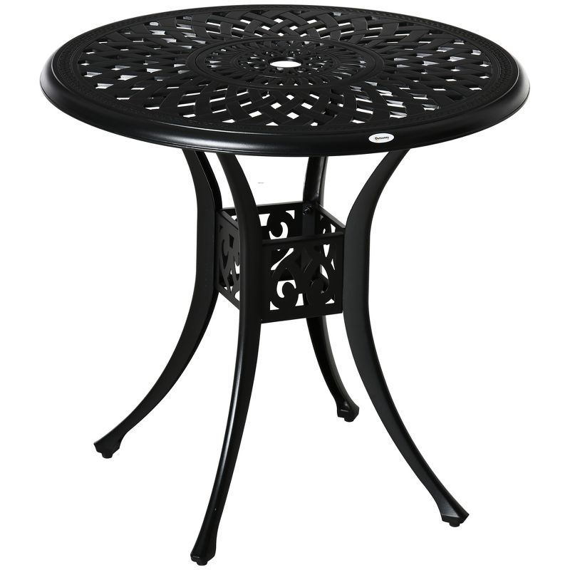 Outsunny 30" Round Patio Dining Table with Umbrella Hole, Antique Cast Aluminum Outdoor Bistro Table, Black, 1 of 7