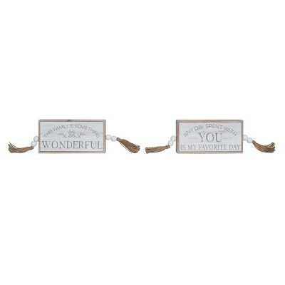 Transpac Wood Rustic Tassel Block Decor Set of 2 Spring Home Decorations