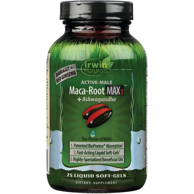 Irwin Naturals Herbal Supplements Active-Male Maca Root Max3 + Ashwagandha Softgel 75ct