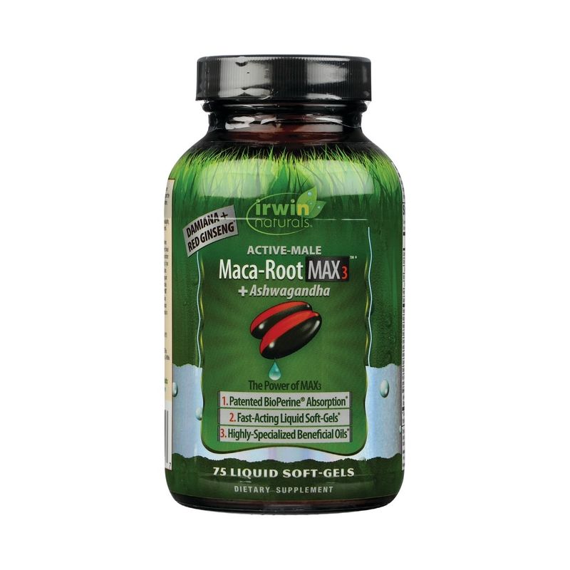 Irwin Naturals Herbal Supplements Active-Male Maca Root Max3 + Ashwagandha Softgel 75ct, 1 of 3