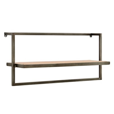 17" x 7.9" Floating Industrial Wood Wall Shelf with Metal Towel Bar Black - Danya B.