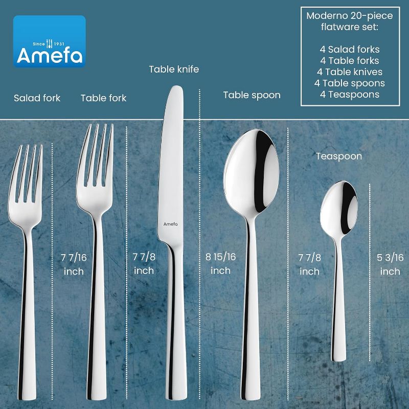 Amefa Moderno 20-Piece 18/10 Stainless Steel Flatware Set, High Gloss Mirror Finish, Silverware Set Service for 4, Rust Resistant Cutlery, 2 of 8