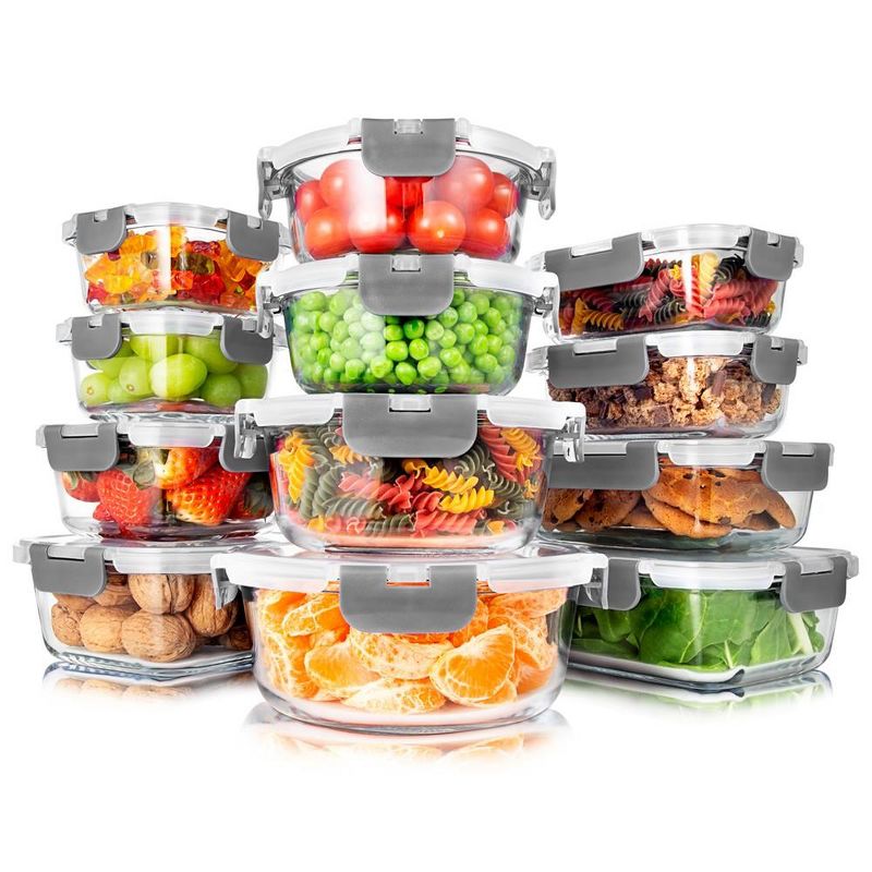 SereneLife 24-Piece Food Glass Storage Containers - Superior Glass Food Storage Set, Gray, 1 of 8