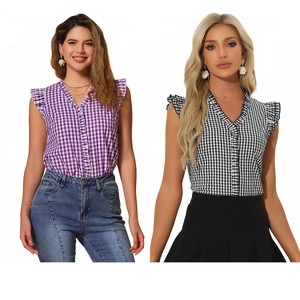 INSPIRE CHIC Women's Cap Sleeve Plaid Gingham Ruffle Shirt 2 Packs - 1 of 4