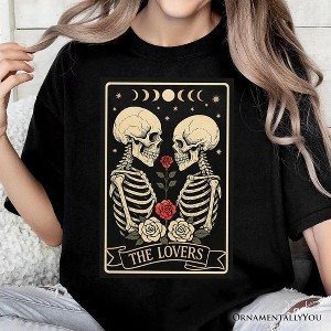Skeleton The Lovers T-Shirt, Tarot Card Gothic Moon Phases Rose Tee Black L - 1 of 4