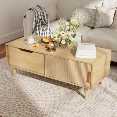 Buenhomino 47'' Modern Coffee Table w/Storage & Sliding Doors, Wood Center Table w/ Drawer ,Mid Century Mordern Coffee Table for Living Room