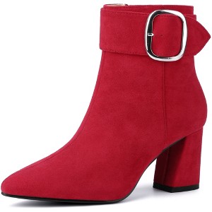 BLISSFUL STEP Square Buckle Chunky Heels Pointed Toe Ankle Boots for Women - 1 of 4