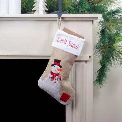 19" Beige and Red Burlap Snowman Christmas Stocking with Embroidery