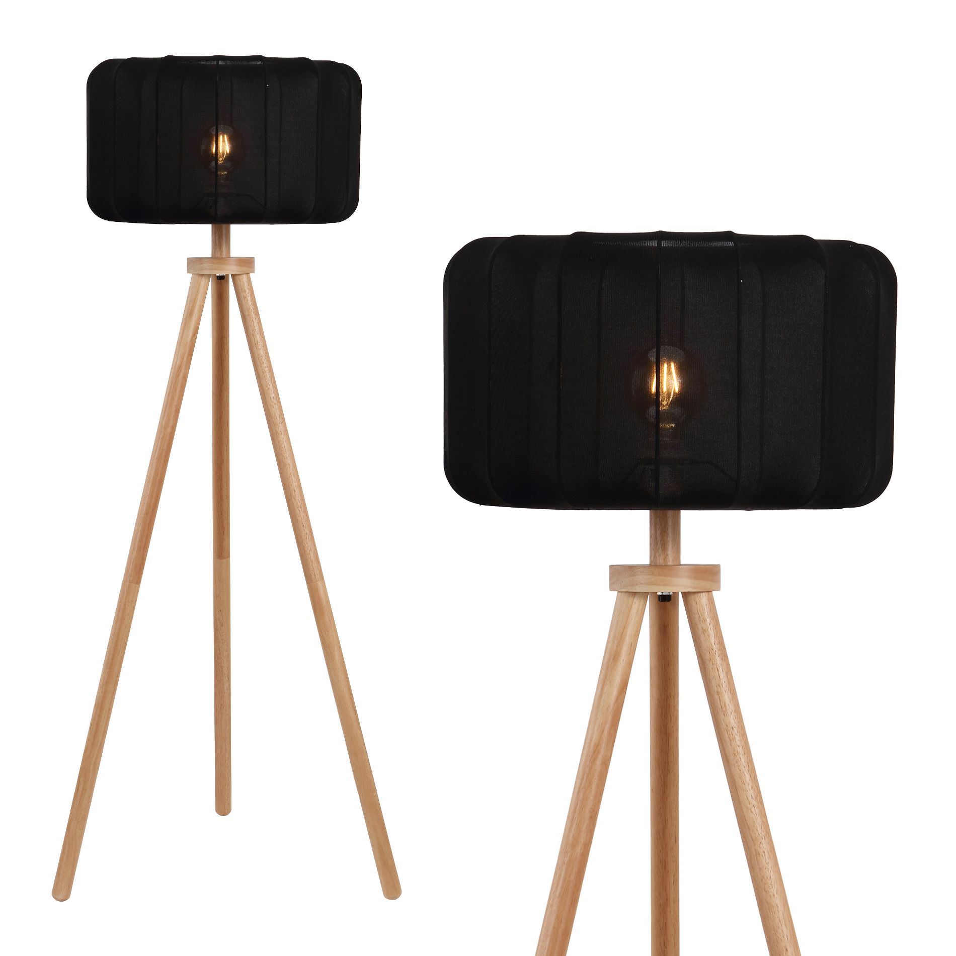 JONATHAN Y Adriel 52" Mid-Century Modern Tripod Wood with Ribbed Cocoon Pumpkin Shade LED Floor Lamp, Black/Light Brown